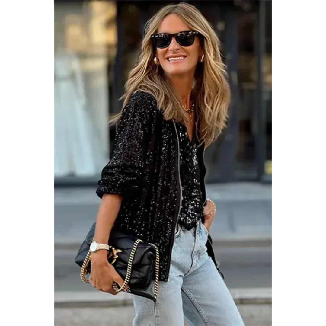 Women's relaxed fit sequin bomber jacket with zipper front, silver shimmer, party-ready sparkle