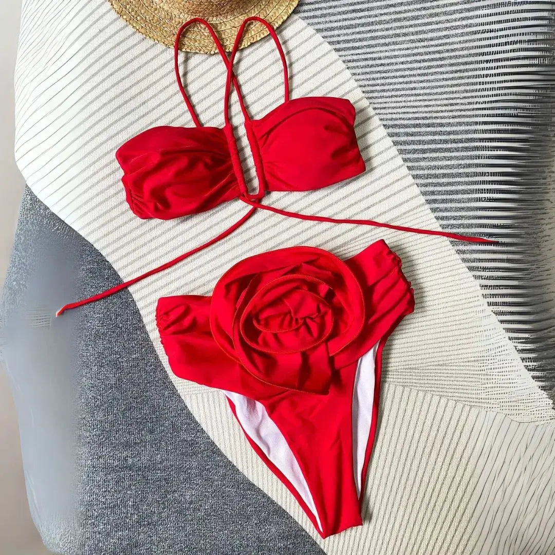 Floral appliqué high-waisted halter bikini set with 3D waist flower embellishment, ruched bandeau top
