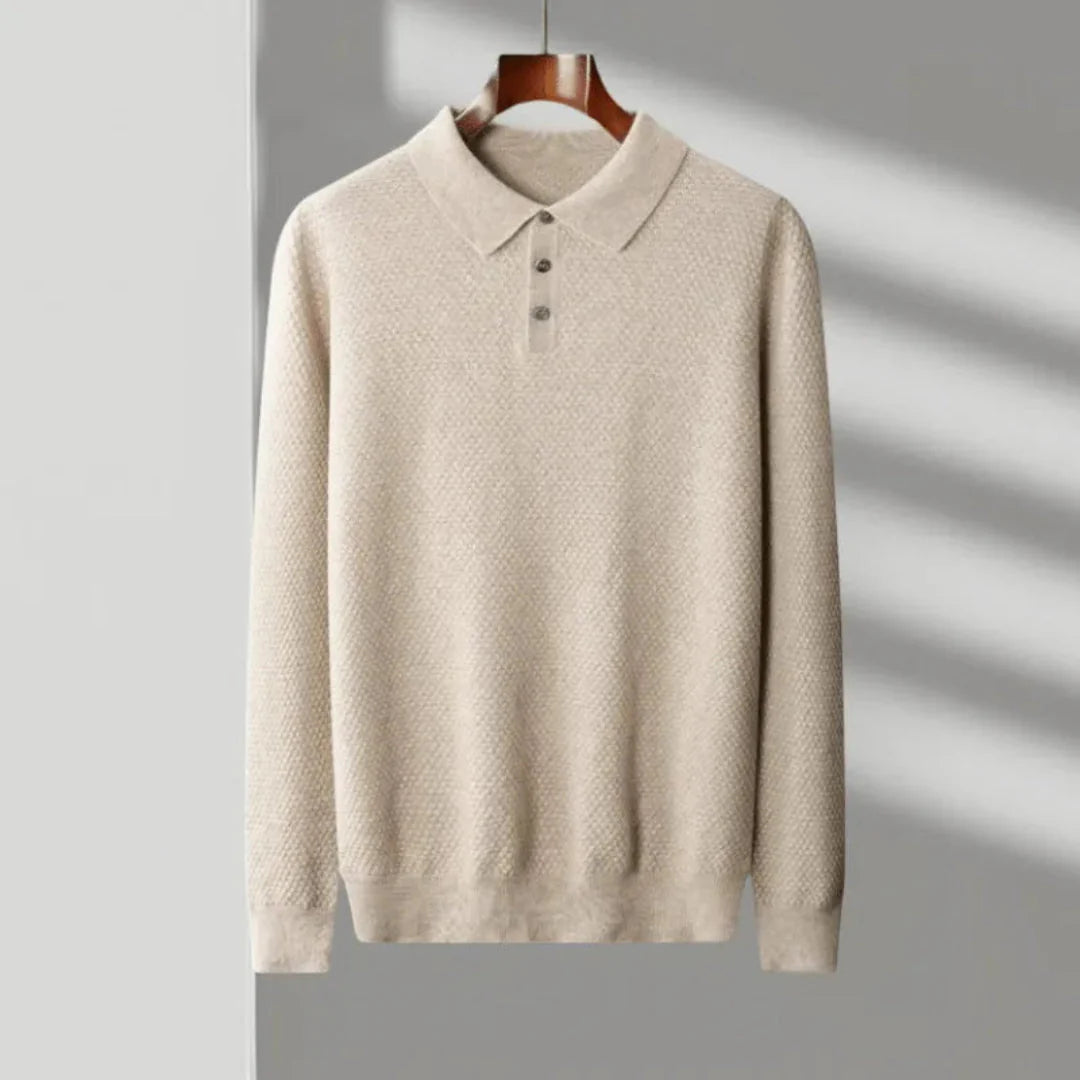 Men's ivory cashmere knit polo shirt classic collar subtle textured fabric luxury soft drape