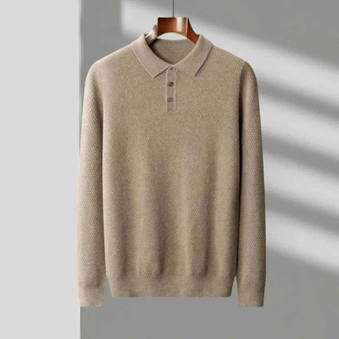 Men's navy cashmere knit polo shirt classic collar subtle texture premium soft luxury fit