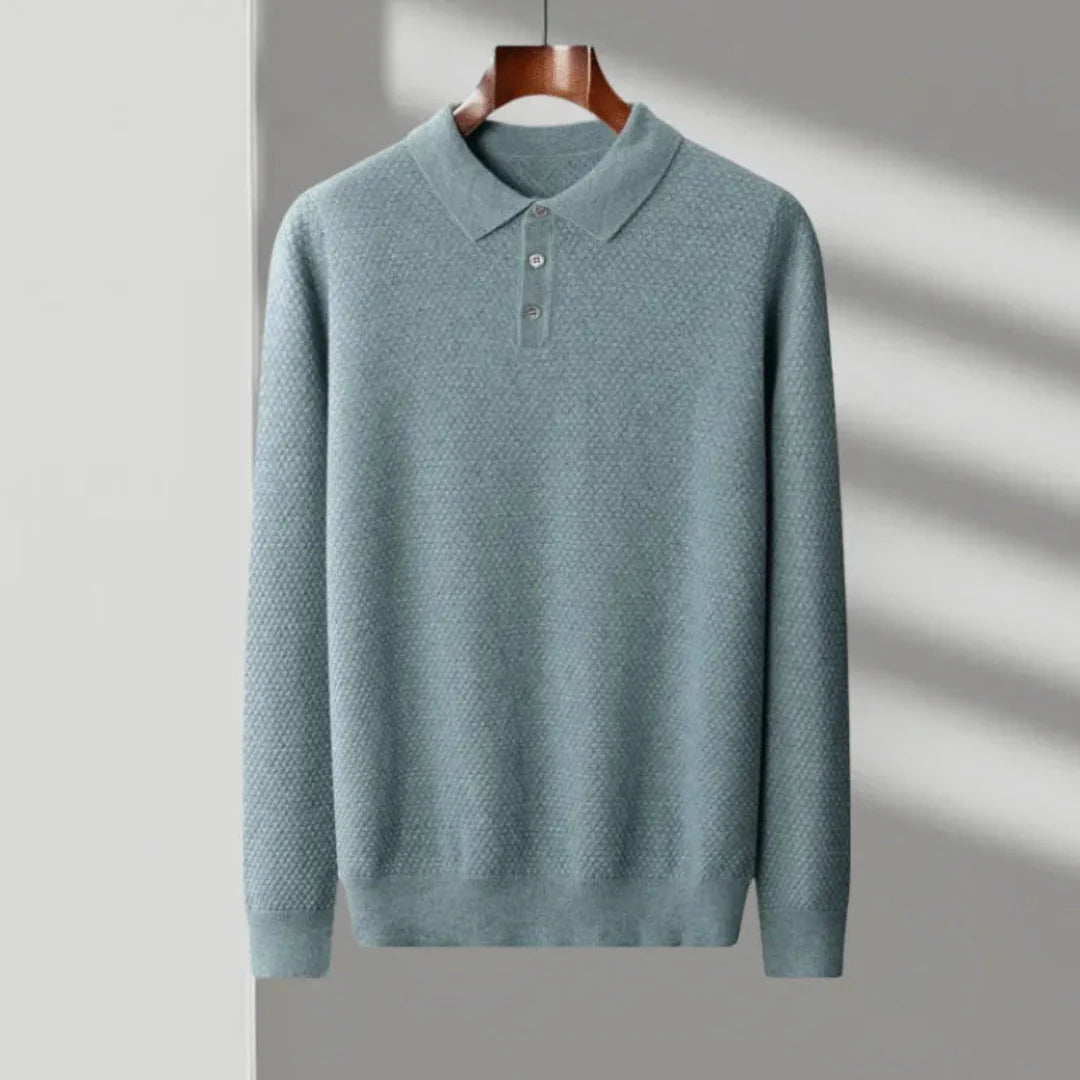 Men's ivory cashmere knit polo shirt classic collar subtle texture premium soft drape
