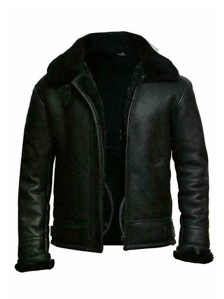 Men's black leather-look slim fit short jacket with plush shearling lining for winter warmth