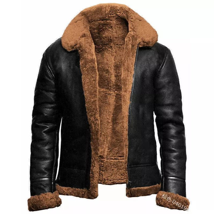 Men slim fit faux leather jacket black shearling lining short length warm winter style
