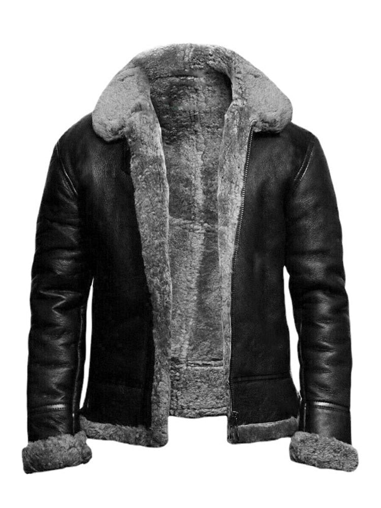Men's slim fit black leather look jacket with plush shearling lining, short length winter style