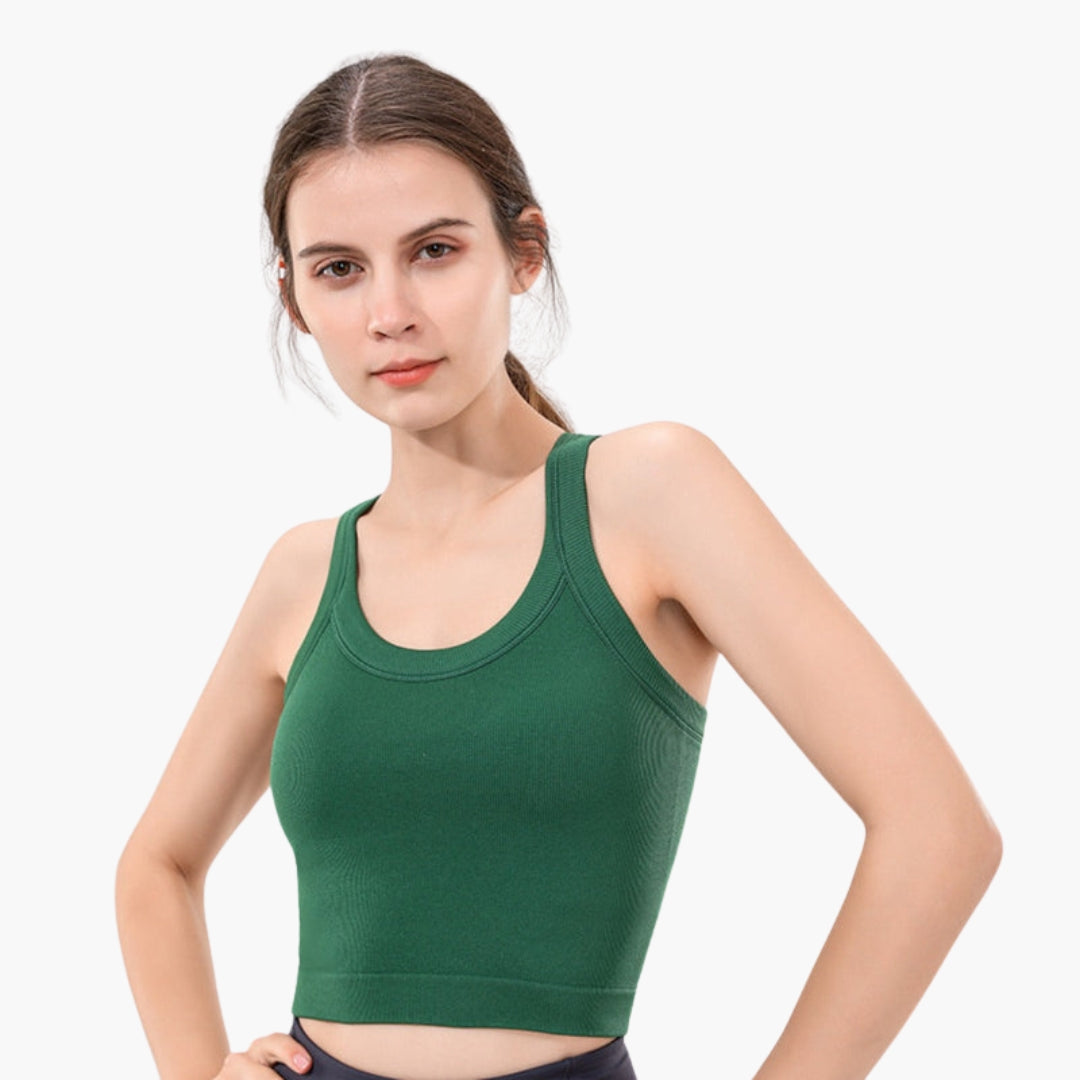 Women's fitted ribbed sleeveless sports tank top in solid color with I-shaped racerback design
