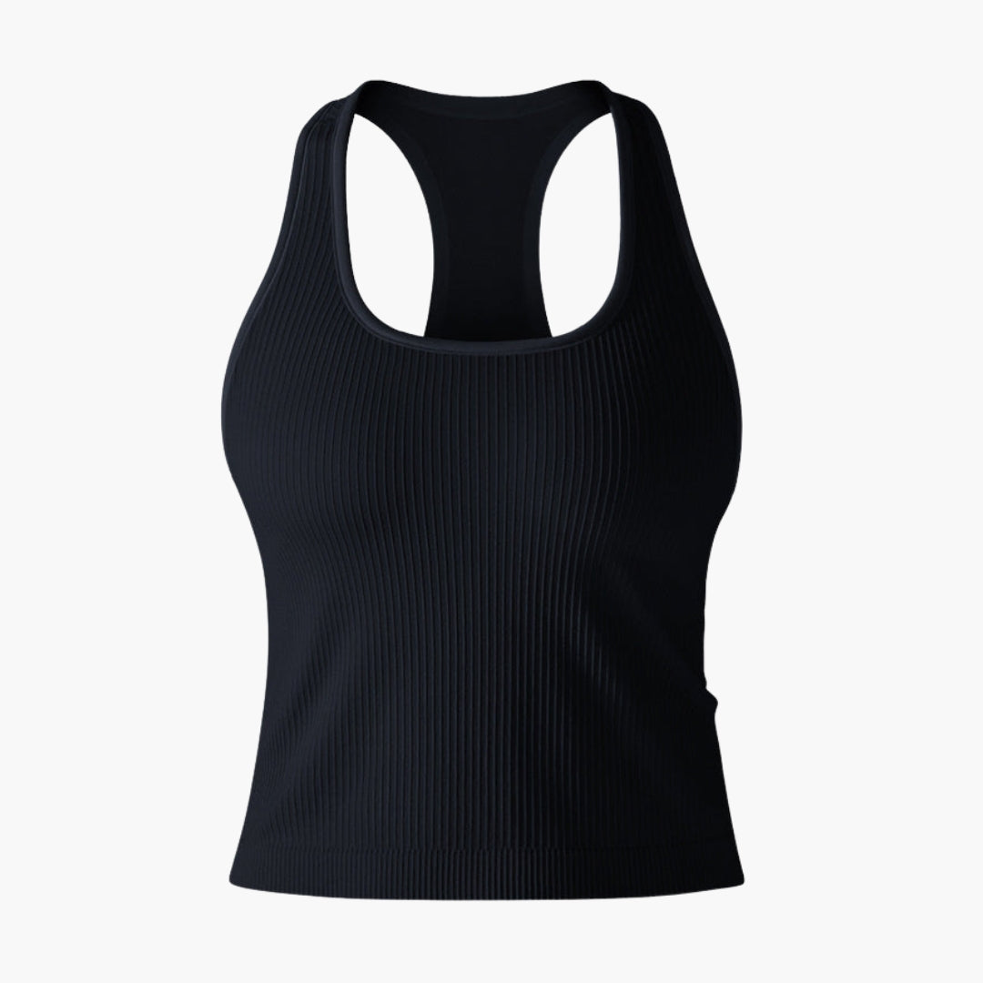 Women's ribbed sleeveless racerback sports tank top, athletic waist-length tee with open back