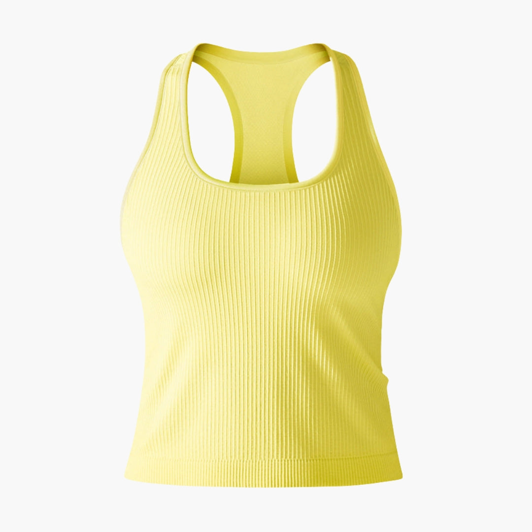 Women's ribbed sleeveless racerback sports tank top, athletic waist-length tee with open back