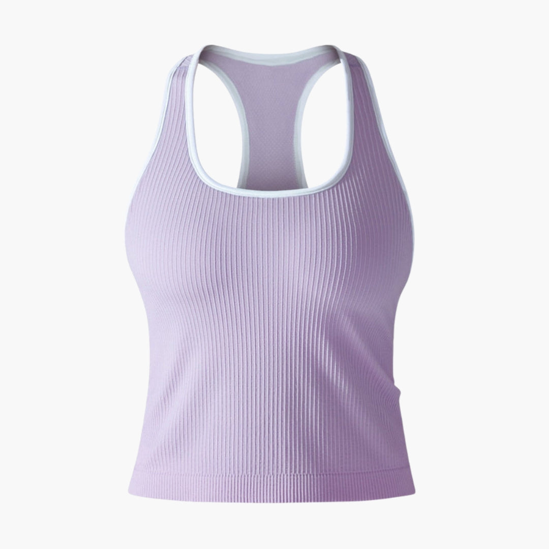 Women's ribbed sleeveless racerback sports tank top, athletic waist-length tee with open back