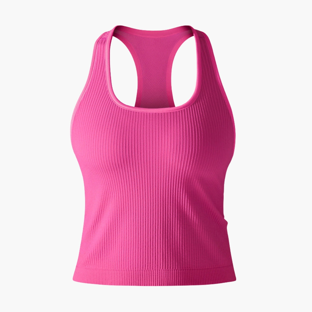 Women's ribbed sleeveless sports tank top, racerback athletic tee in waist-length hem fit