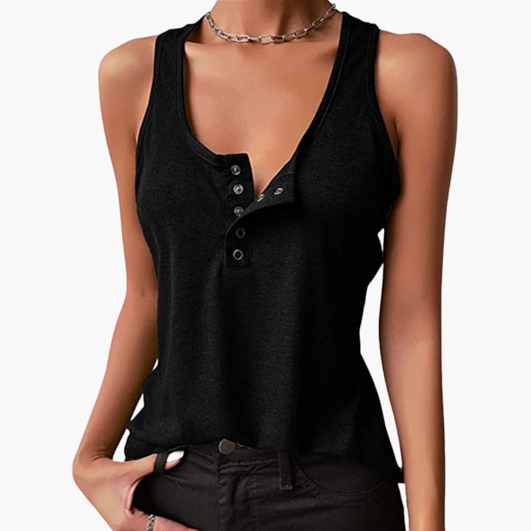 Women's sleeveless sports tank top with front button closure, minimal silhouette for active training