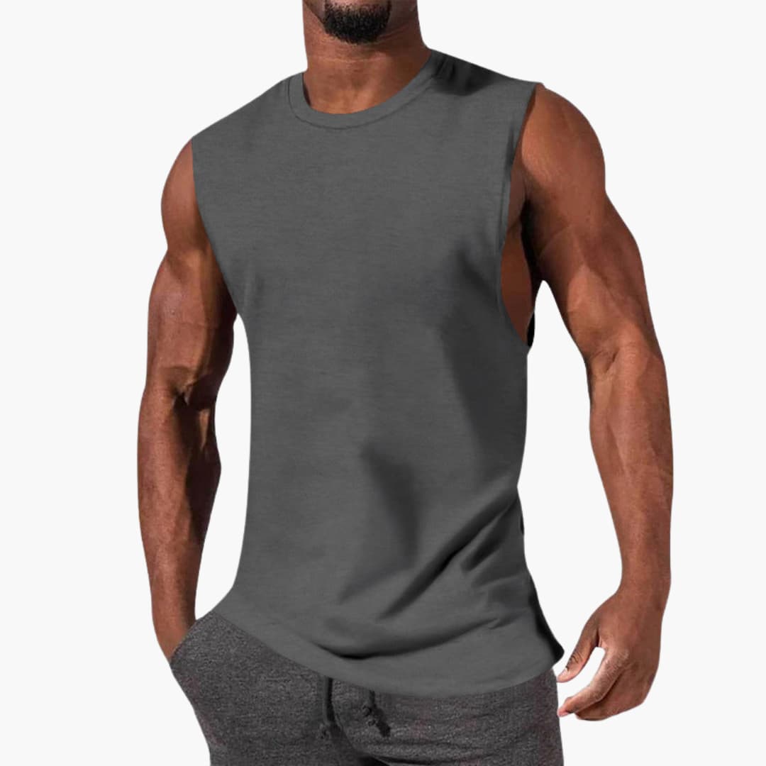 Men's sleeveless athletic tank top with wide armholes, round neck, breathable fit for training