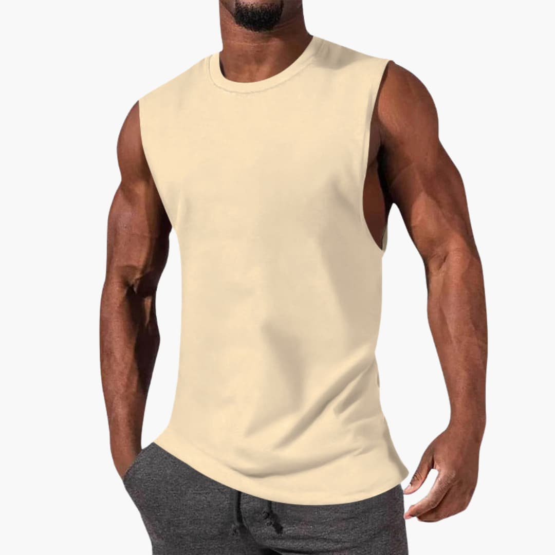 Men's sleeveless athletic tank top with wide armholes, round neck, breathable fabric for training