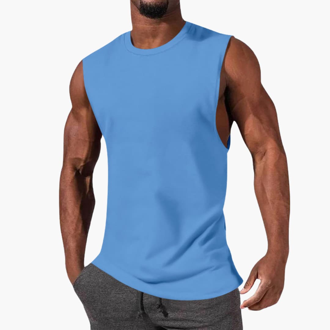 Men's sleeveless athletic tank top with wide armholes, round neck, breathable sport fit