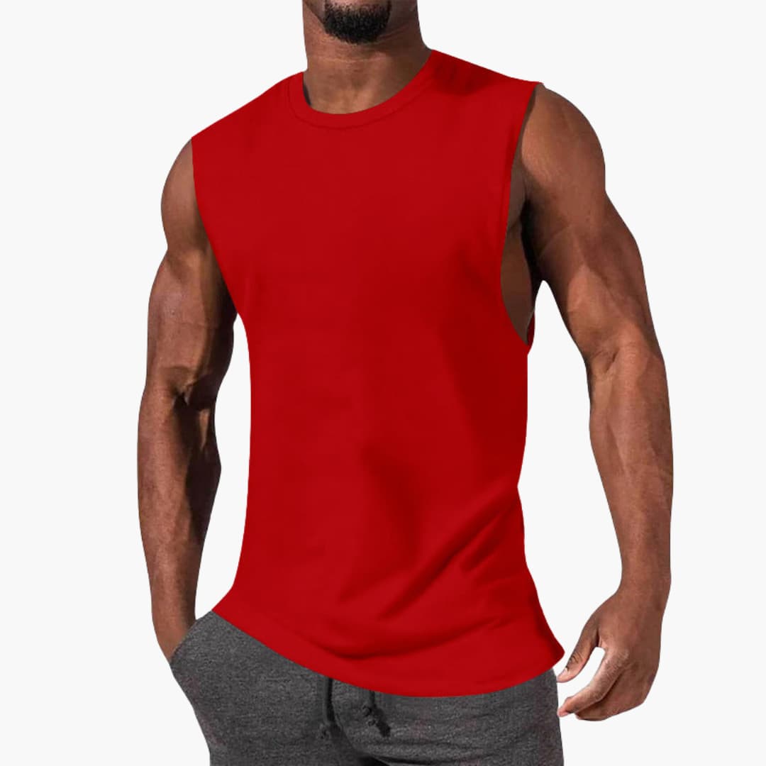 Men's athletic sleeveless tank top with wide armholes, round neck, breathable fabric for training