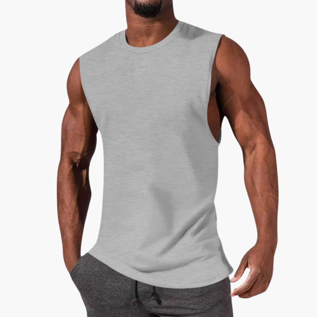 Men's sleeveless athletic tank top with wide armholes, round neck, breathable sport fit