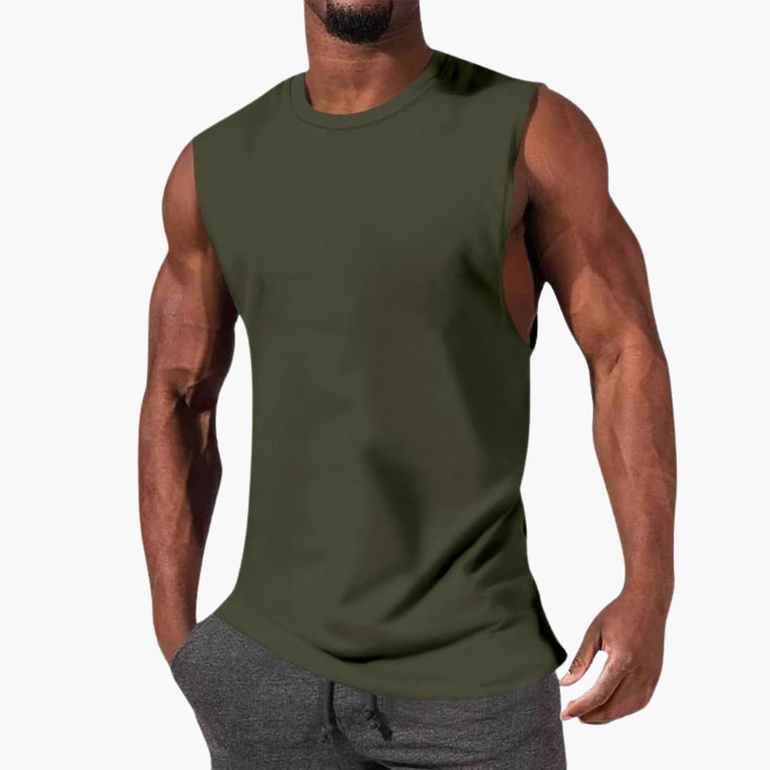 Men's sleeveless athletic tank top with wide armholes, round neck, breathable fabric for training