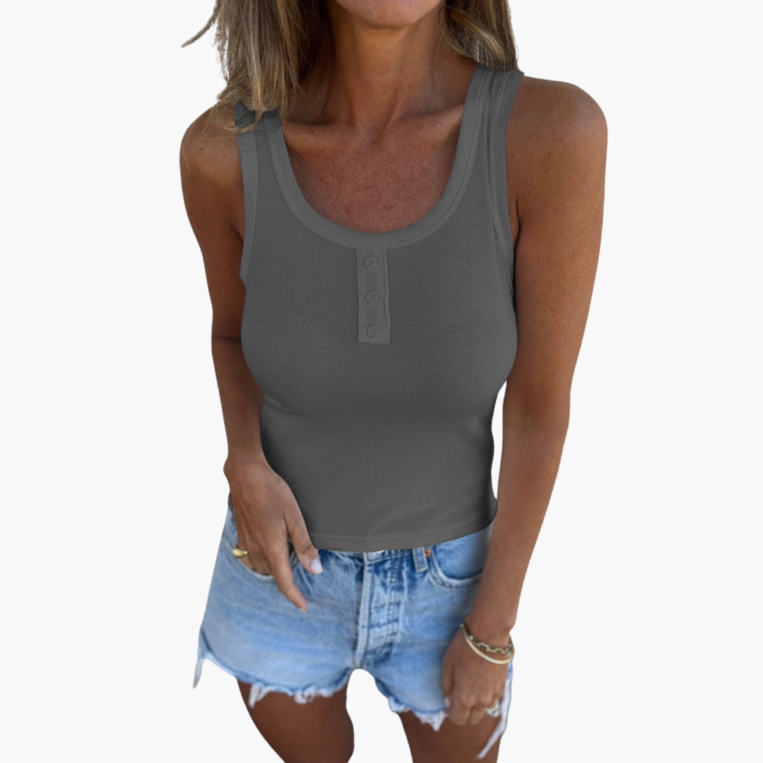 Women's ribbed knit tank top beige slim sleeveless fit front button placket elastic straps