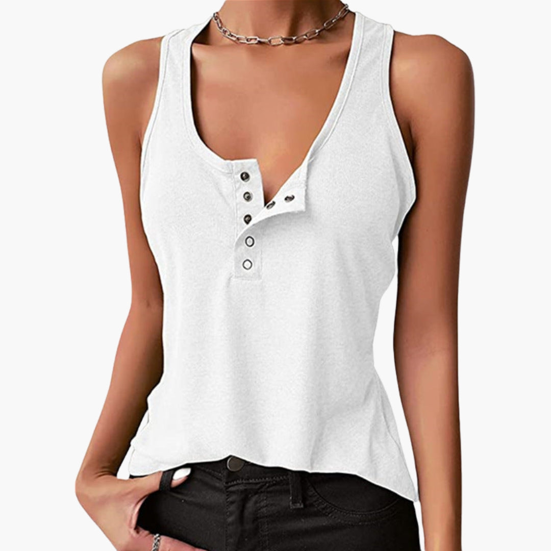 Women's ribbed knit tank top with button placket, sleeveless straight fit in versatile active style