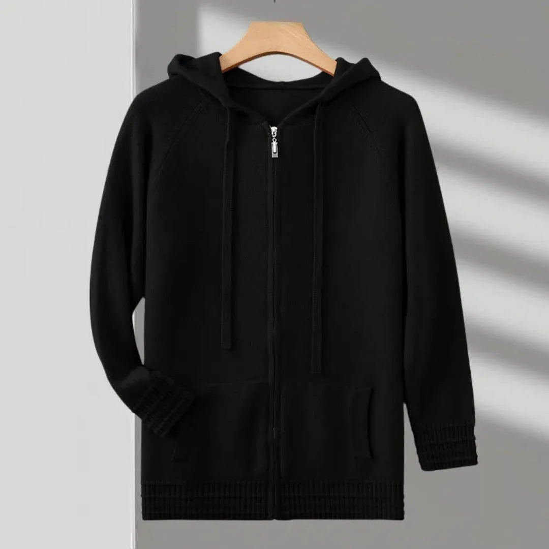 Declan unisex cashmere hoodie in neutral tone, full-zip closure, premium soft luxe fit
