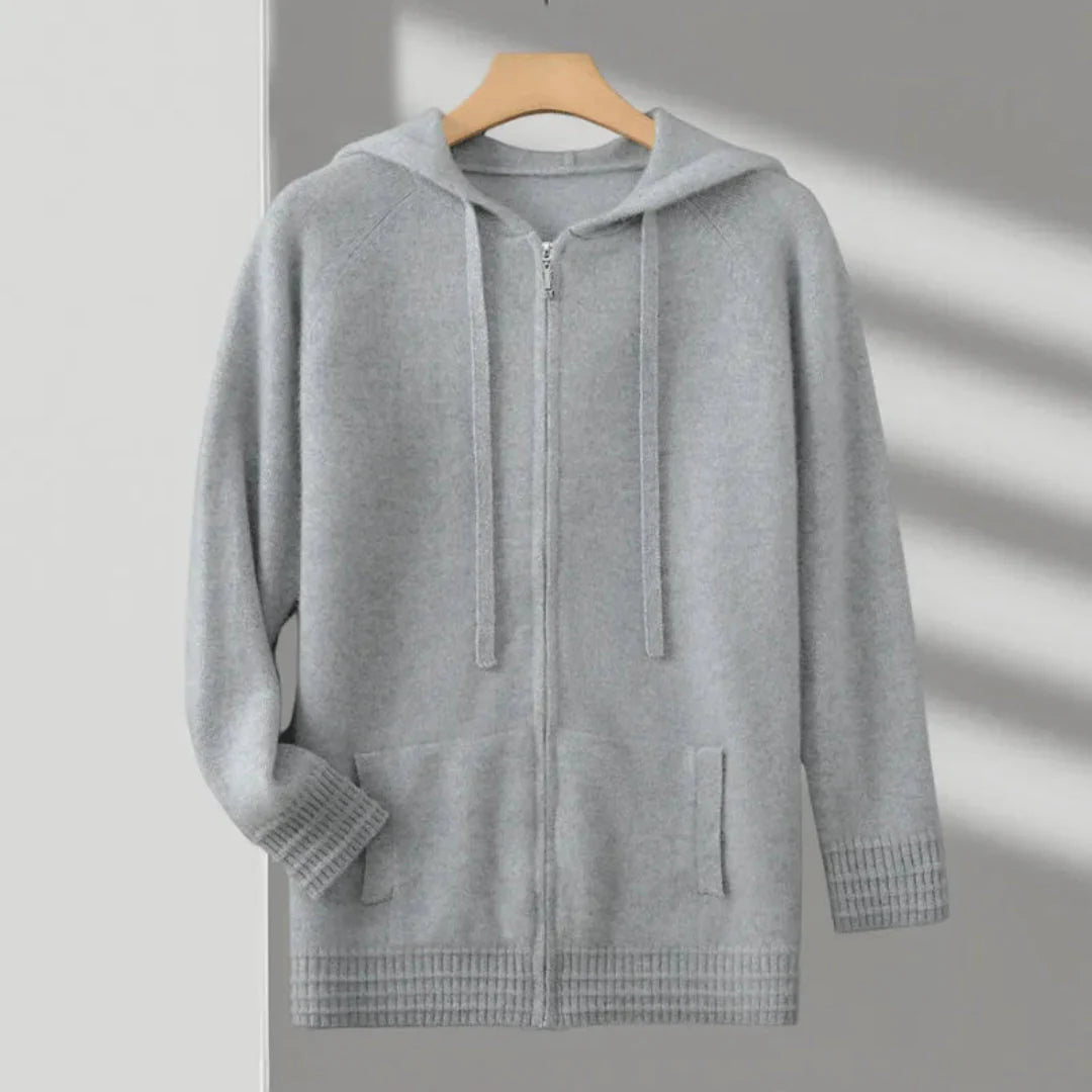 Declan unisex cashmere hoodie in neutral tone, full-zip closure, relaxed fit with premium soft fabric