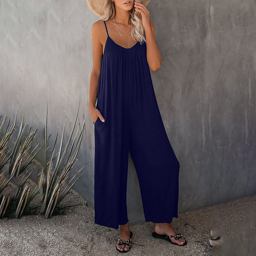 Women's loose fit spaghetti strap jumpsuit lightweight breathable cotton blend wide leg silhouette