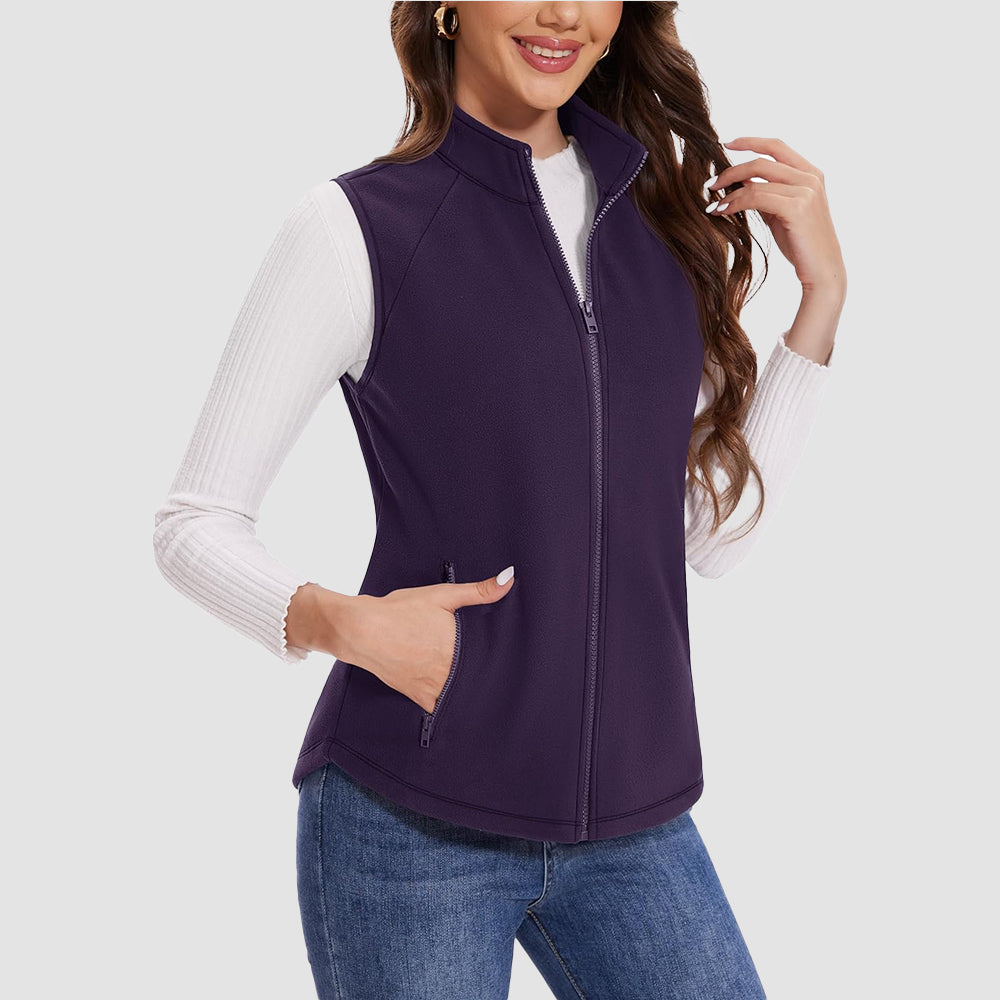 Women's lightweight fleece vest sleeveless stand collar static-resistant with 4 deep pockets