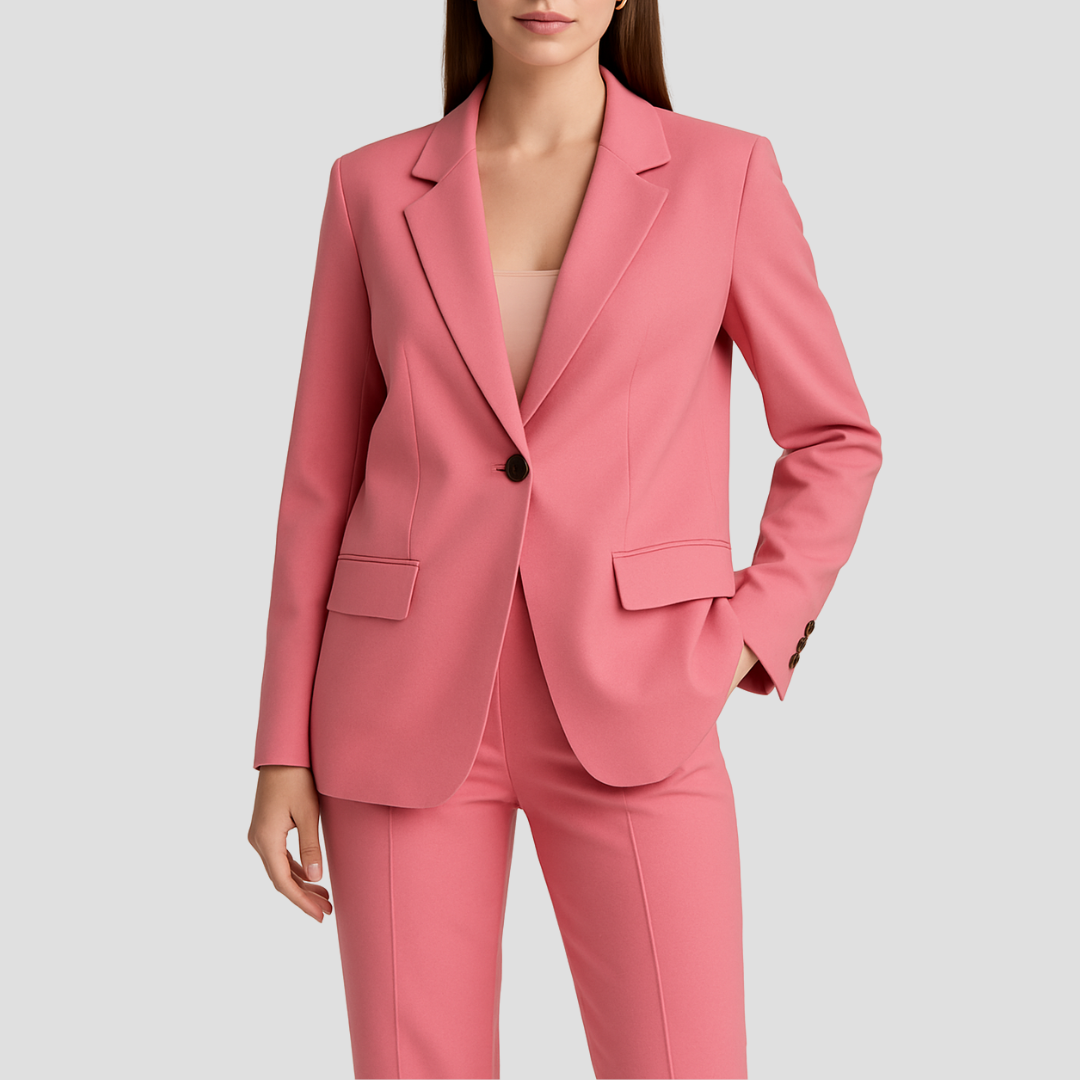 Women tailored suit set long blazer straight-leg trousers single-button closure elegant professional