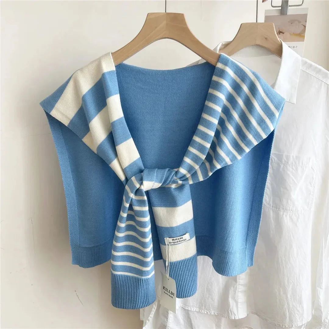 Women's dual-tone striped knitted shawl, soft layering wrap with timeless two-tone knit pattern