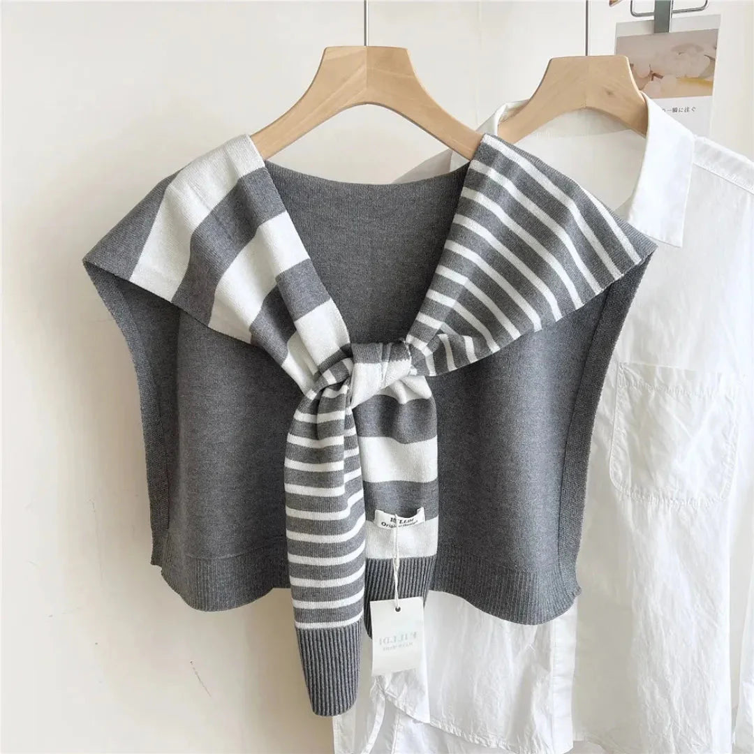 Women's dual-tone striped knitted shawl in soft layering wrap with timeless two-tone knit texture