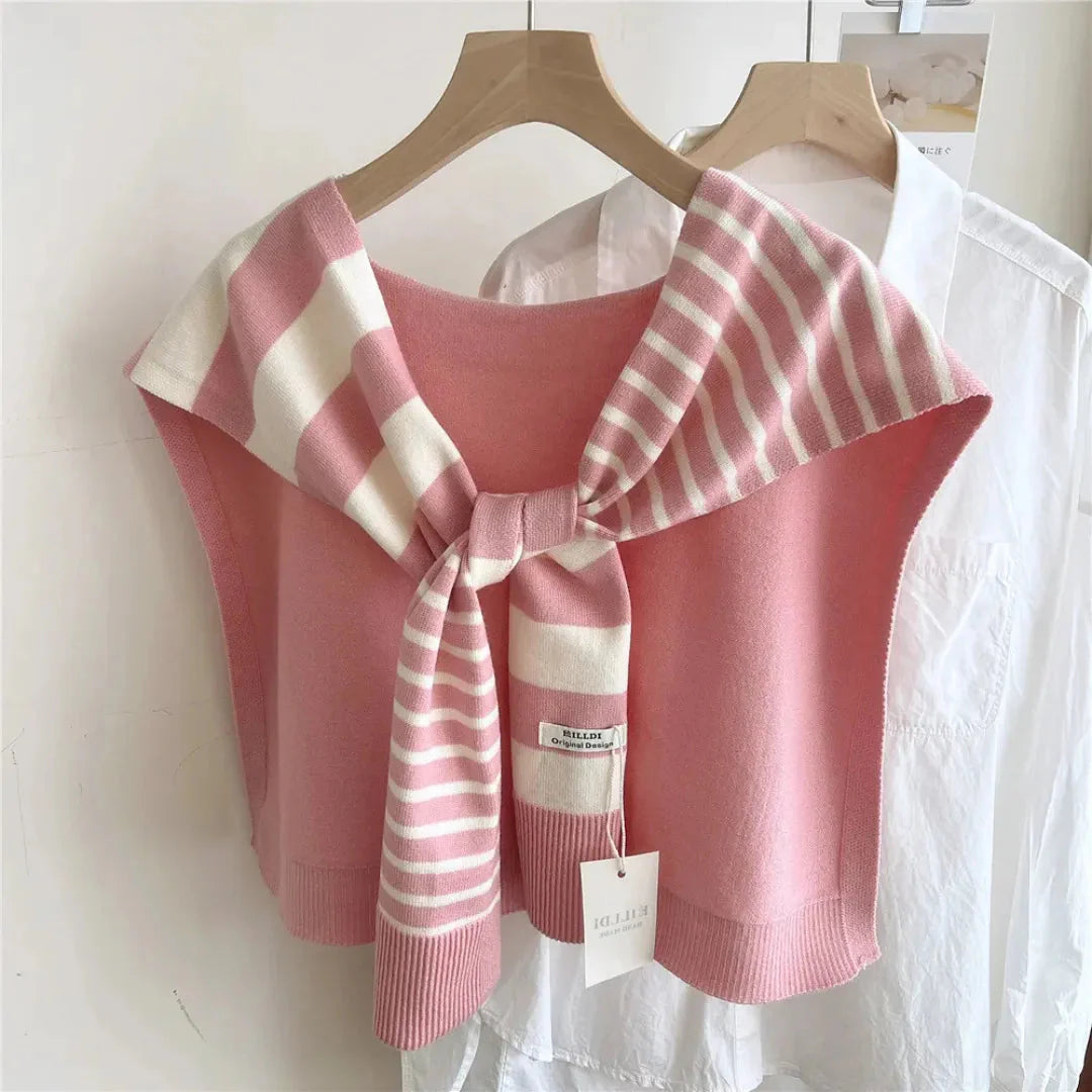 Women's dual-tone striped knitted shawl, soft layering wrap with timeless two-tone stripe pattern
