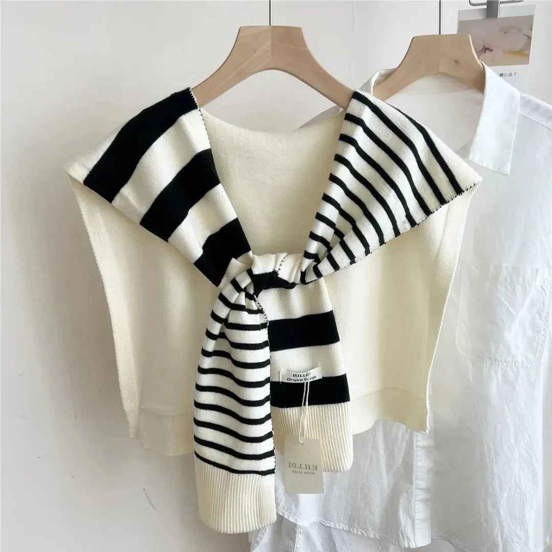 Women's dual-tone striped knitted shawl in soft layering wrap with luxurious two-tone knit texture