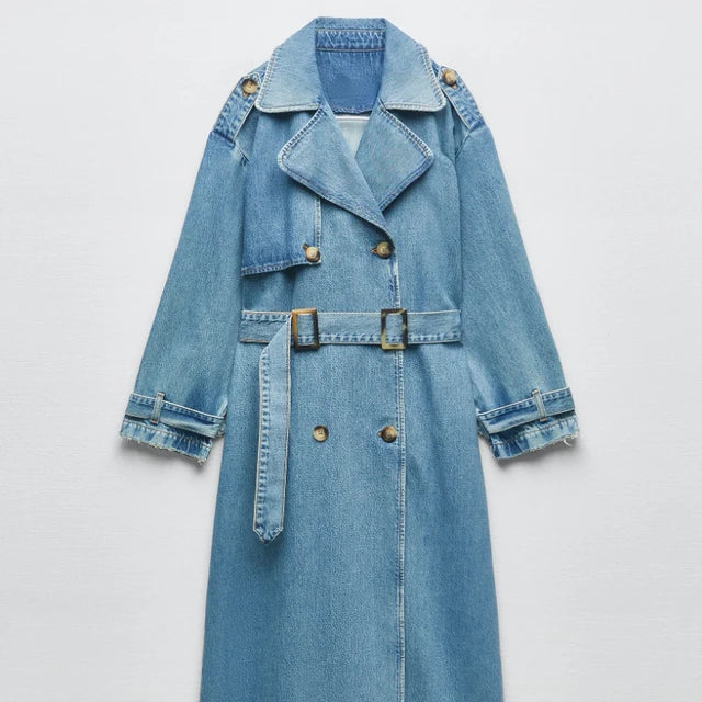 Women's belted trench coat soft blue denim-texture waist-defining belt structured modern silhouette