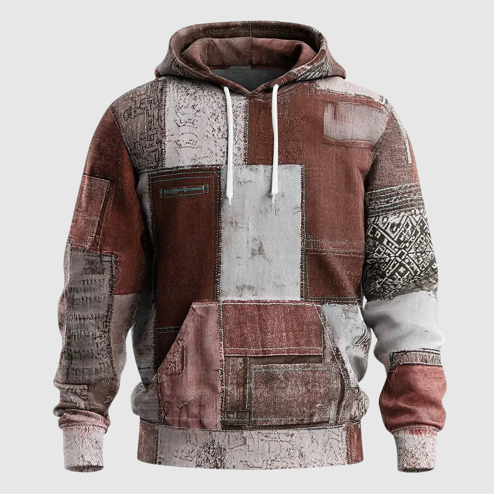Men's blue denim patchwork hoodie streetwear style with rugged multi-panel design and cozy interior