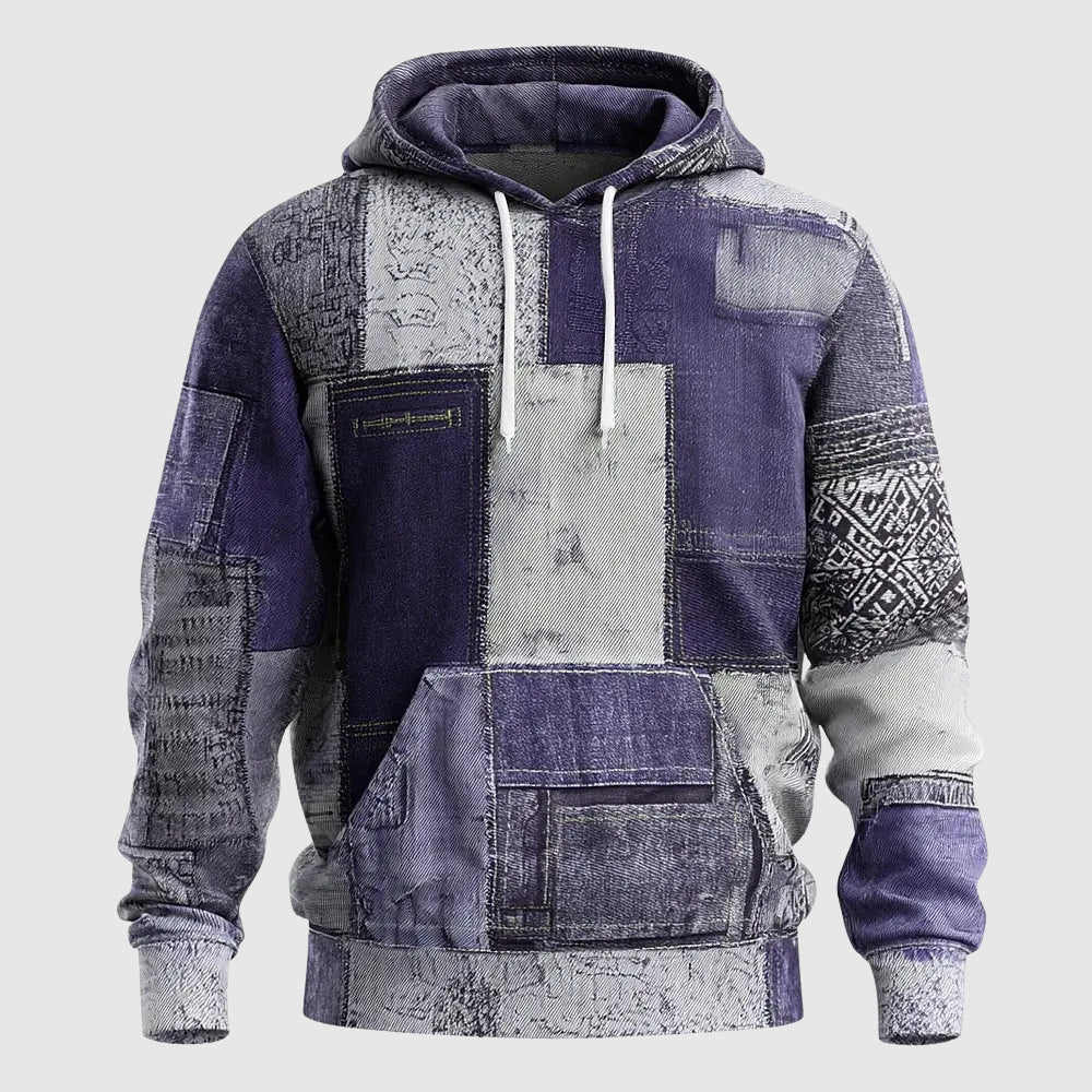 Men's blue denim patchwork hoodie streetwear style with rugged multi-panel design and cozy interior