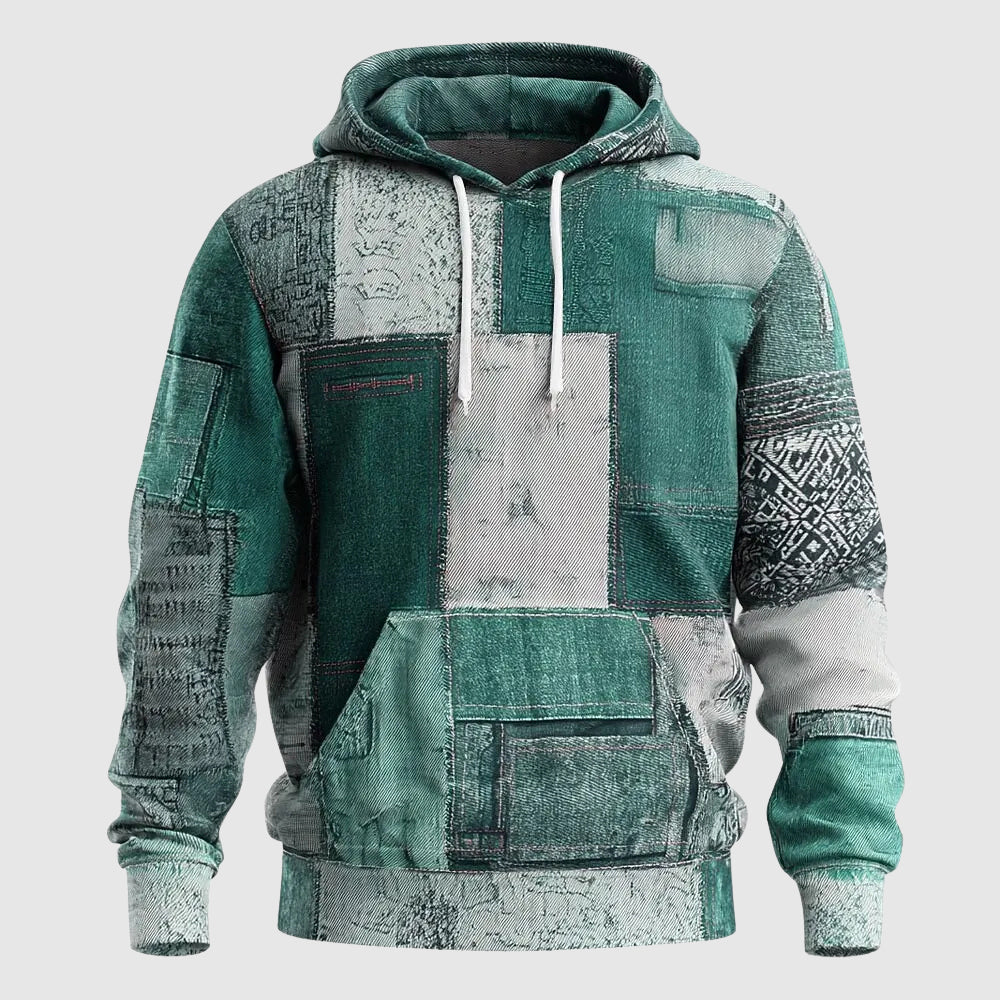 Men's blue denim patchwork hoodie street style with rugged multi-panel design and cozy interior