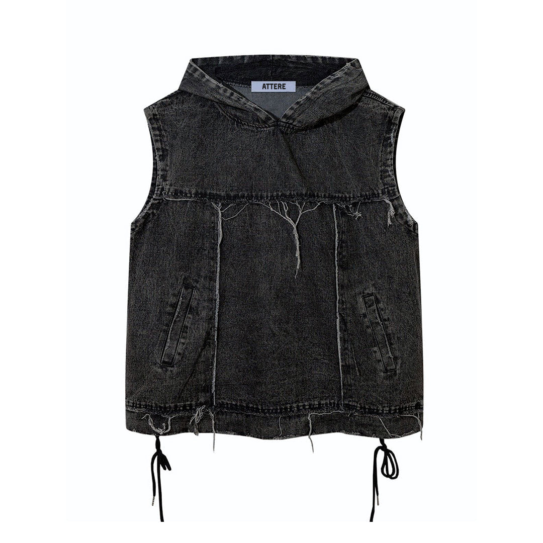 Men's washed denim hooded vest sleeveless unisex layering piece with frayed edges