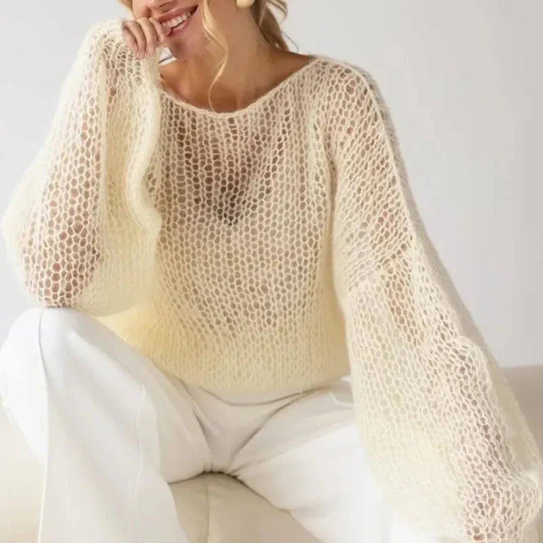 Women's ivory mohair-blend mesh sweater with lantern sleeves, open knit breathable layering style