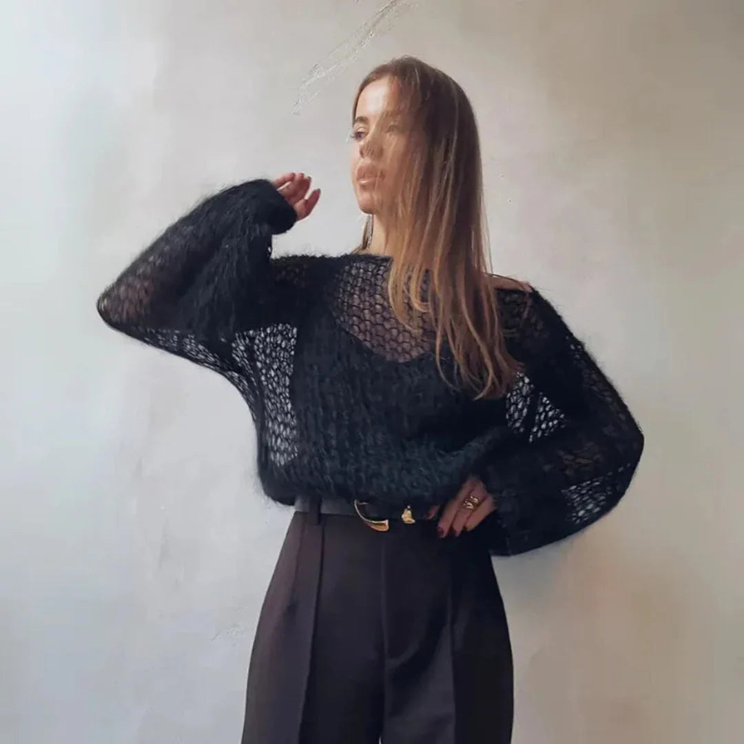 Women's ivory mohair-blend mesh sweater with lantern sleeves open knit breathable layering essential