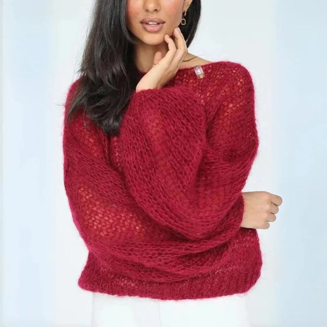 Women's ivory mohair-blend mesh sweater with lantern sleeves, open-knit breathable layering essential