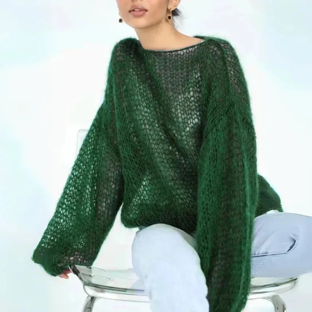 Women's ivory mohair-blend mesh sweater with lantern sleeves, open knit breathable layering essential