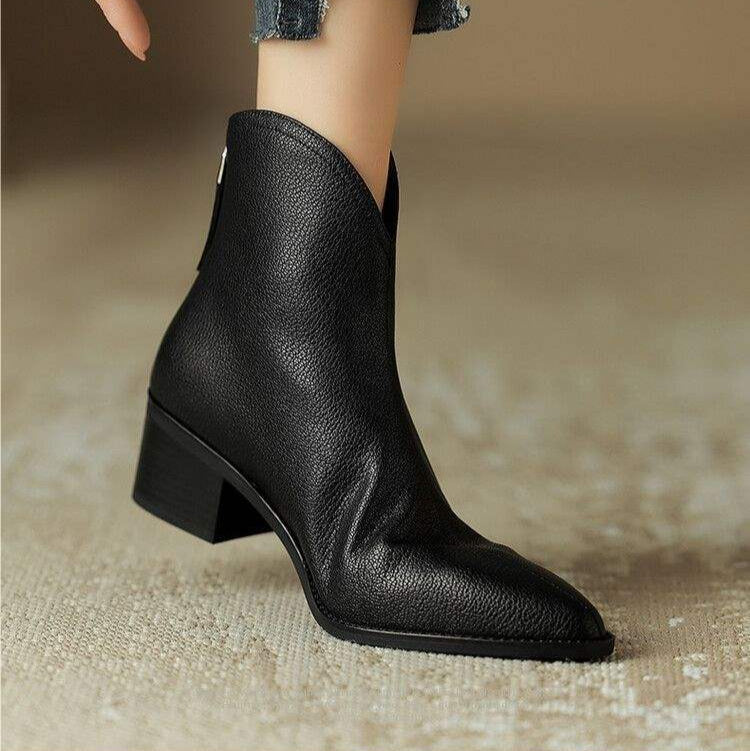 Women's black leather pointed toe ankle boots with stable block heel for all-day elegant comfort