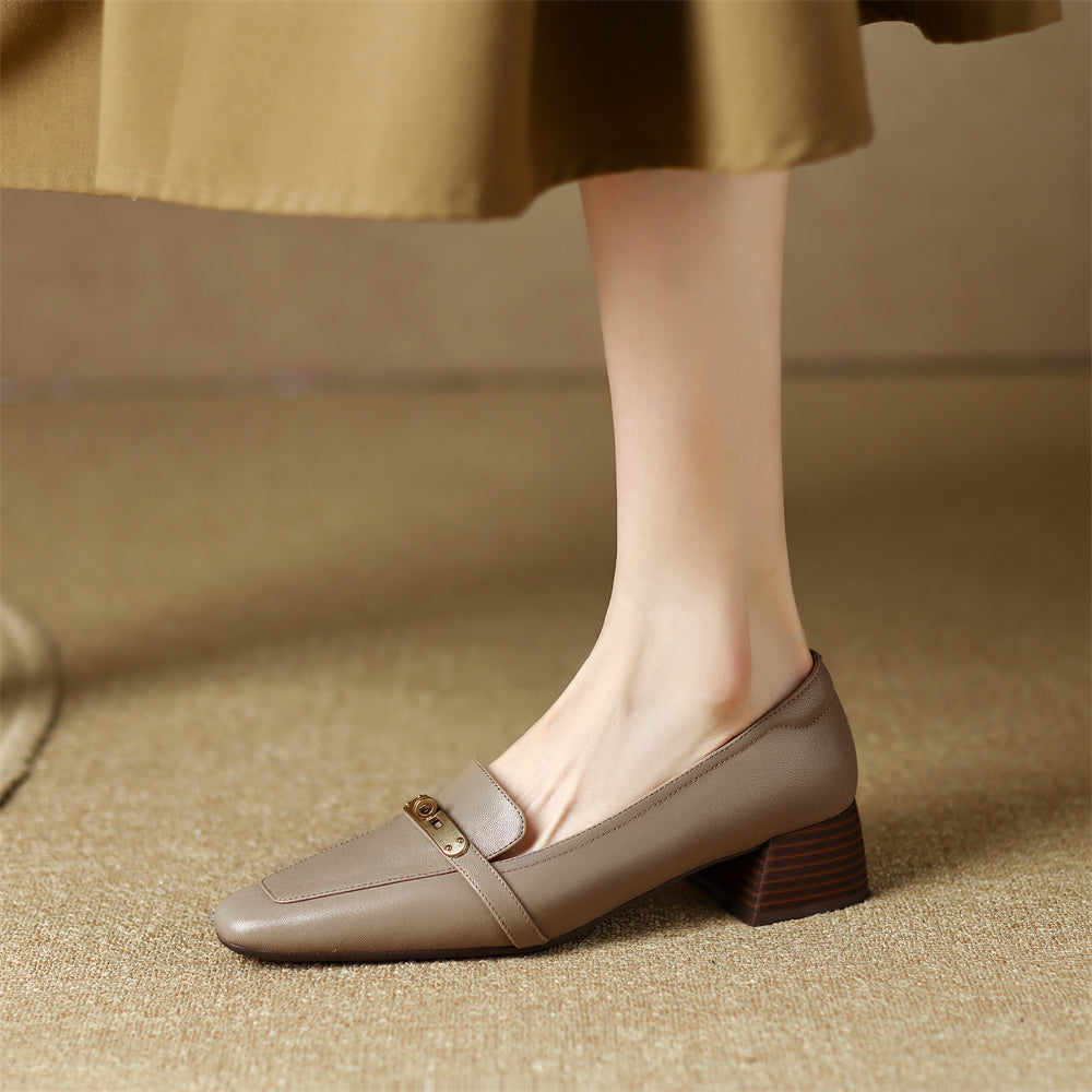 Women's pointed toe block heel loafers in premium leather with stacked heel and sleek silhouette