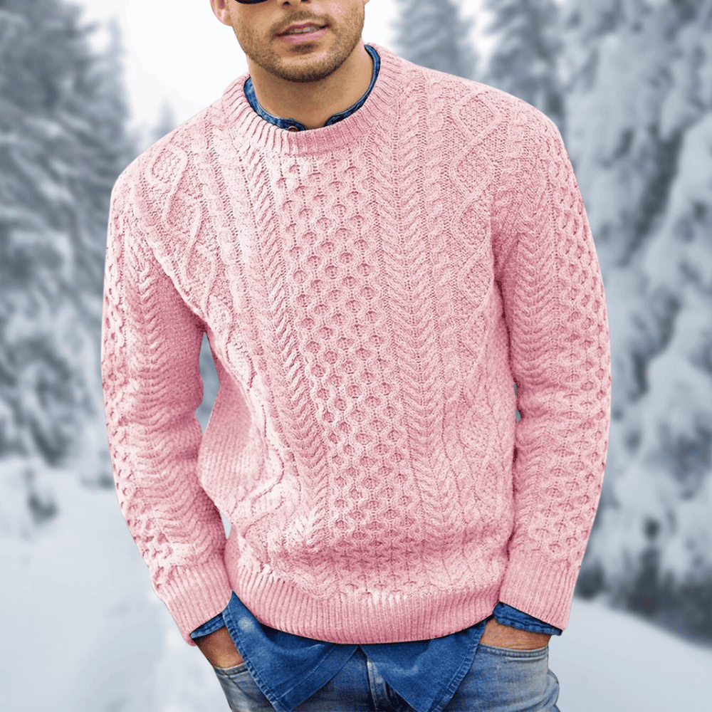 Men's wool cable knit sweater in warm neutral tones, classic cozy fit with textured pattern for winter layering