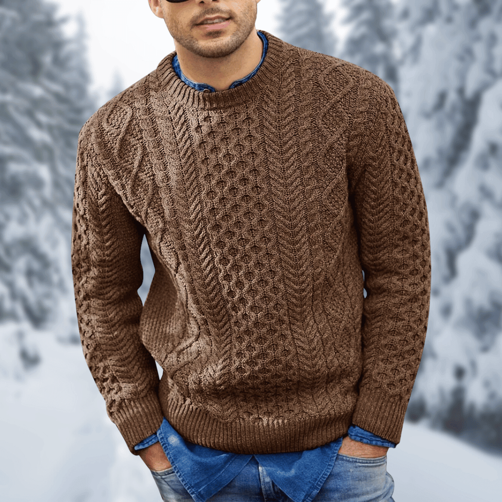 Men's wool cable knit sweater in warm tones, classic cozy fit with textured pattern for winter layering