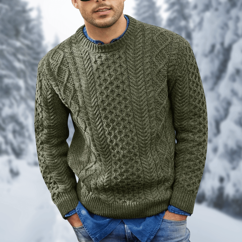 Men's wool cable knit sweater in classic neutral tone, cozy smart-casual winter knitwear with textured pattern