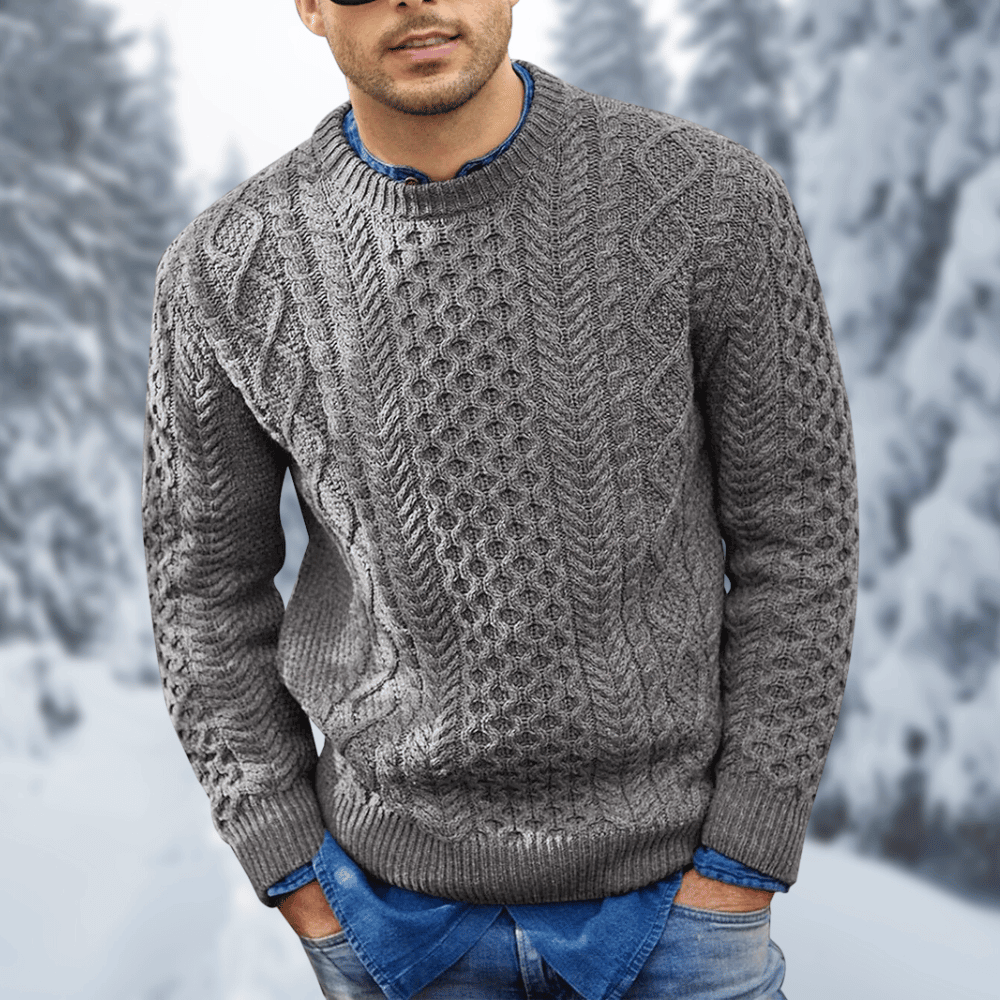 Men's wool cable knit sweater in warm tones, classic cozy fit with textured pattern for winter layering