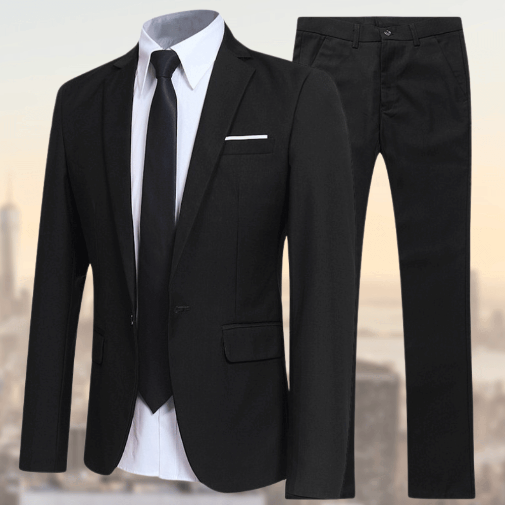 Women's elegant tailored two-piece suit, structured jacket and straight-cut pants, polished office style