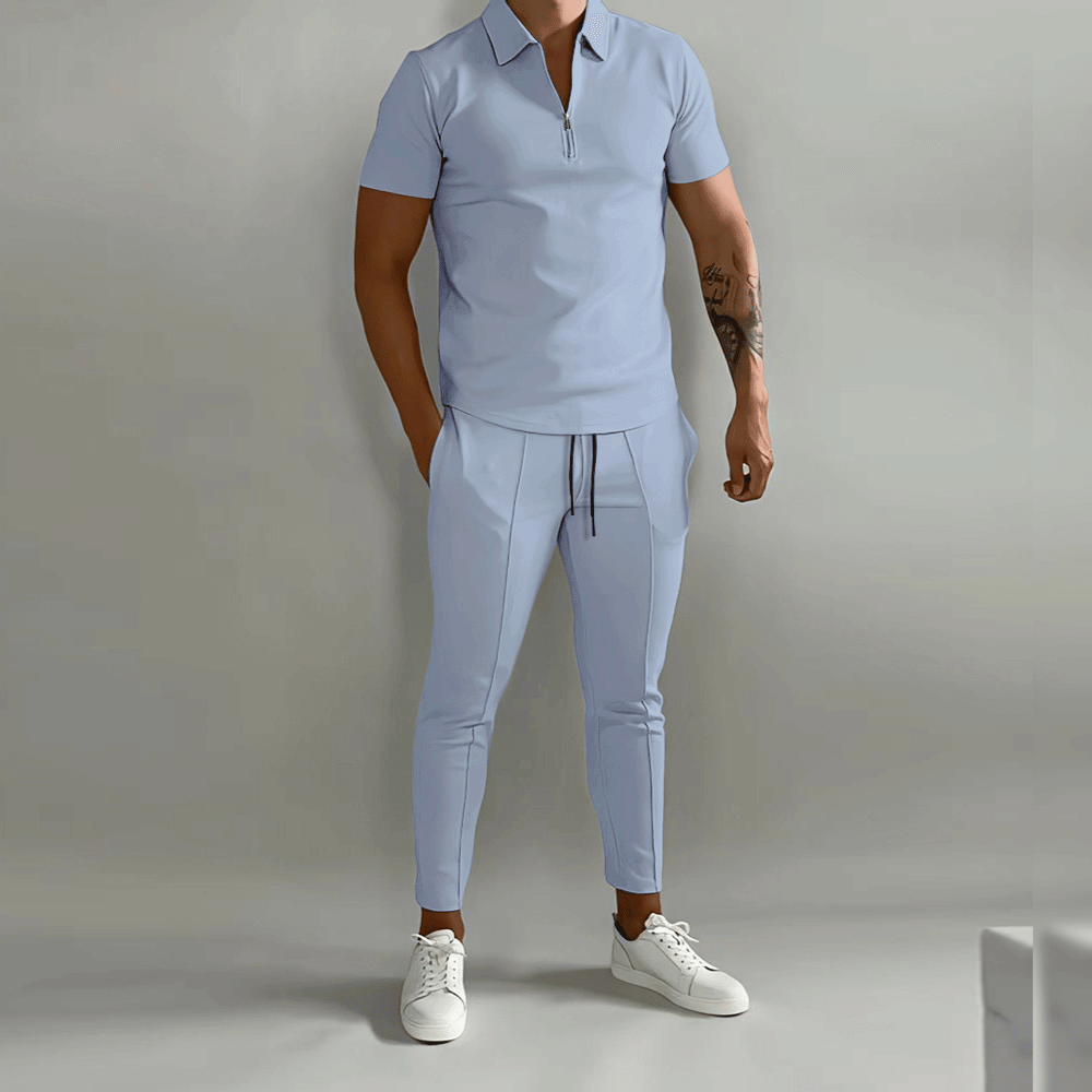 Men's casual short sleeve zip polo & tapered pants two-piece set in coordinated style for modern comfort