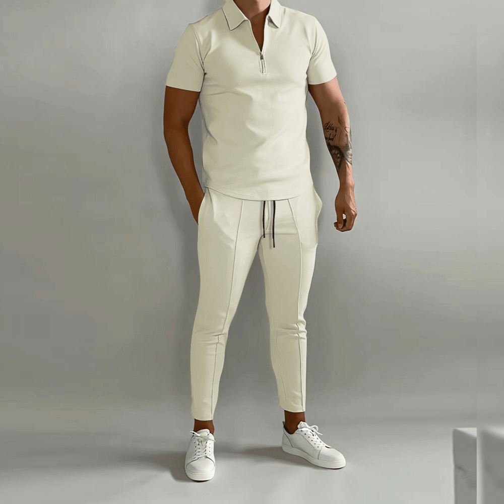Men's navy blue short sleeve zip polo & tapered pants two-piece matching set casual style