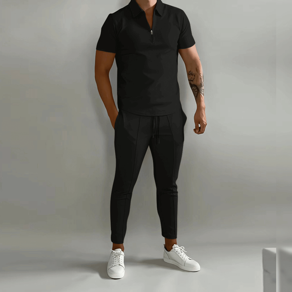 Men's casual short sleeve zip polo tapered pants two-piece set, modern relaxed coordinated outfit